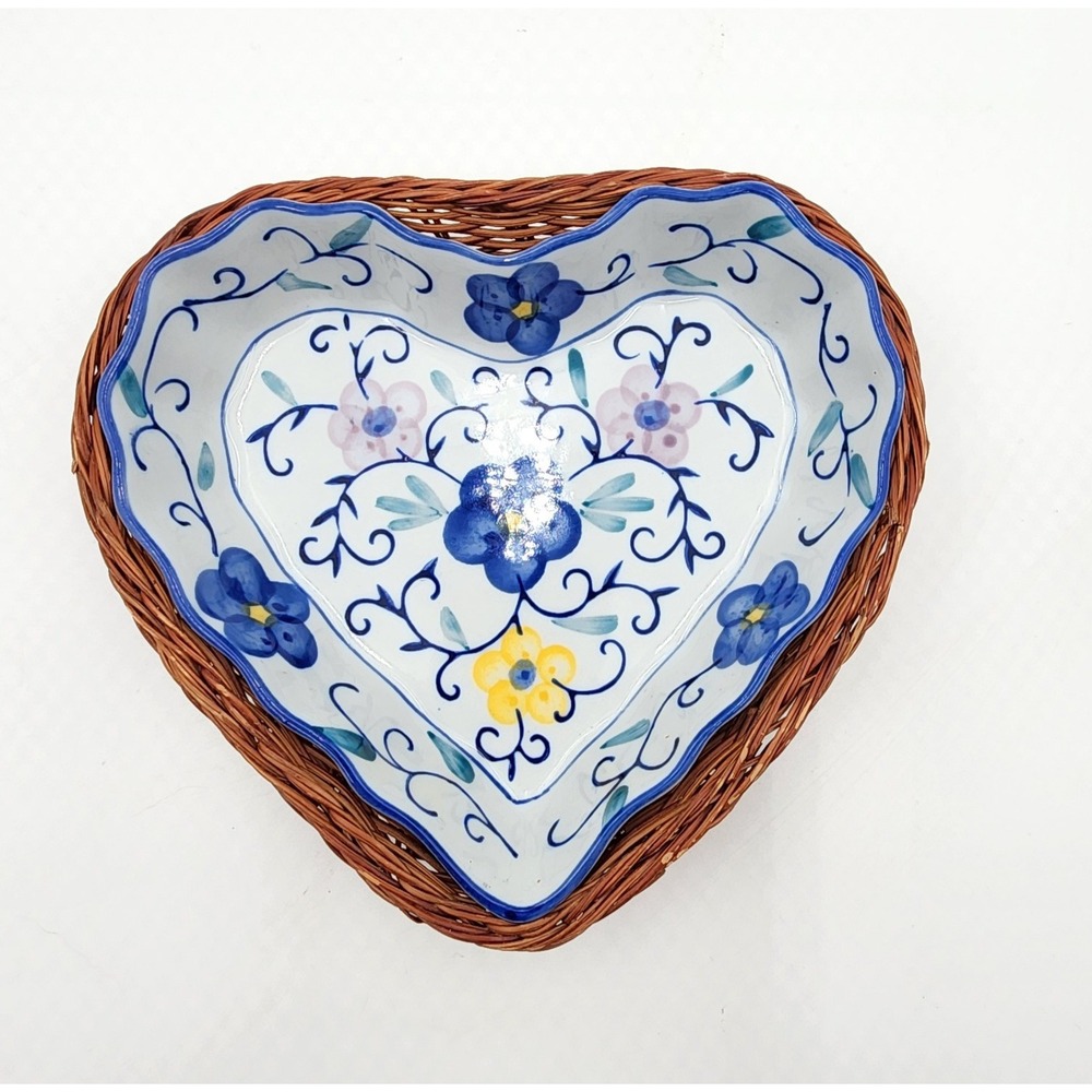 Vintage 90s Emerald Collection Heart Ceramic Dish Wicker Basket Floral
